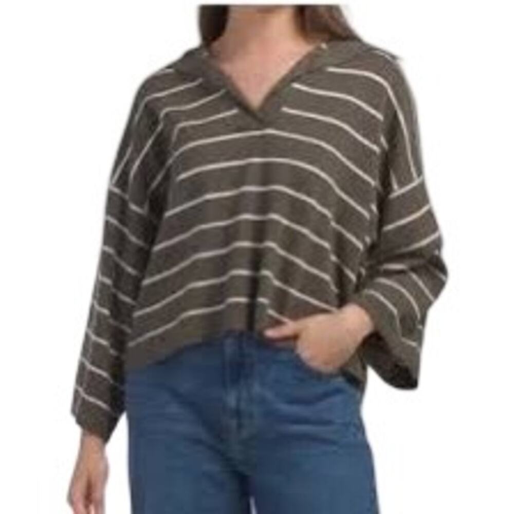 Max Studio Olive Green White Striped Collared Wide Sleeve Pullover Sweater Sz L